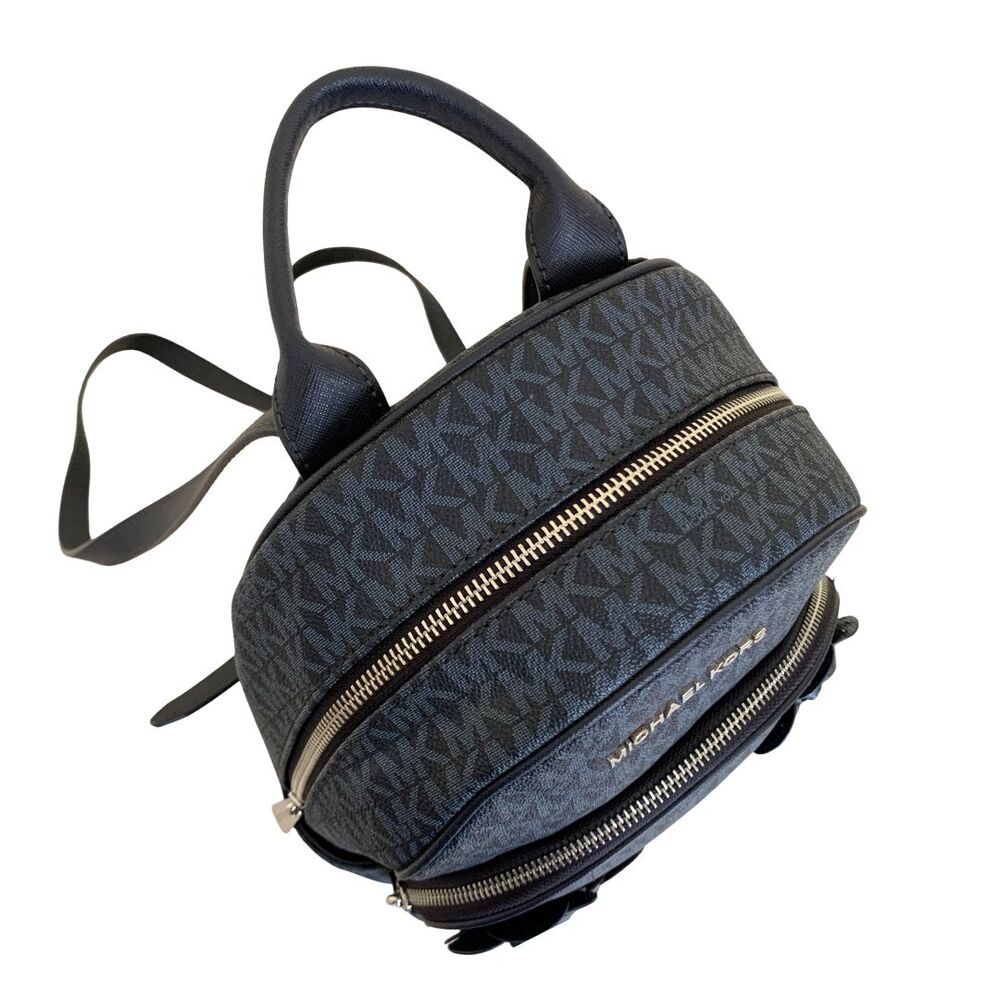 Michael Kors Abbey MK Logo Floral Appliqué Backpack Navy Blue Studded Leather Me - Picture 9 of 11